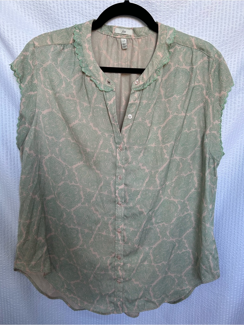 Joie Green & Cream Paisley Scallop Trim Button-Down Blouse Size Large